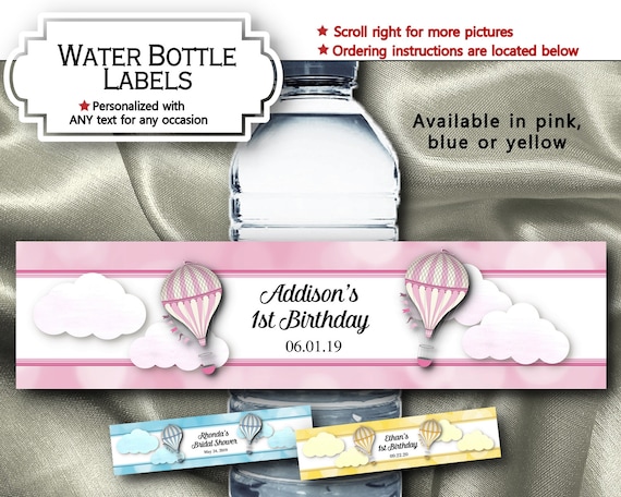 Water Bottle Labels, Waterproof Peel & Stick, Hot Air Balloons, Wedding, Bridal Shower, Baby Shower, Birthday, Pastel Pink, Yellow or Blue Il_570xn