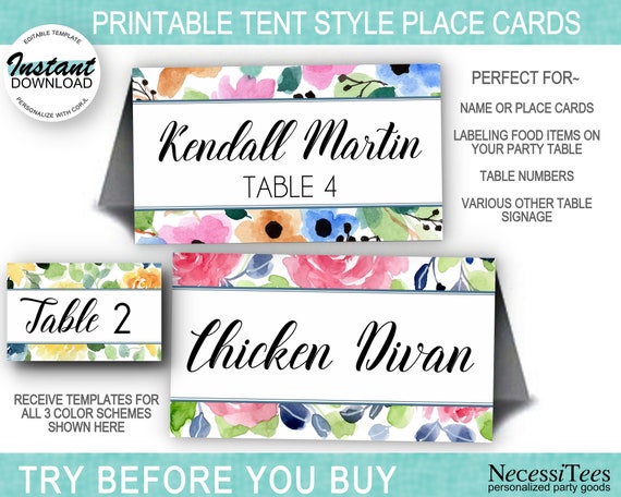 DIGITAL Editable Tent Style Place Cards, Food Labeling, Watercolor Florals, Spring Flowers, Bridal, Baby, Birthday, Wedding, InstantDownload Il_570xn