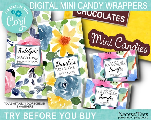 DIGITAL Miniature Candy Wrappers, Baby Shower, Bridal Shower, Birthday, Wedding, Engagement, Quinceanera, Watercolor Florals, Spring Flowers Il_570xn