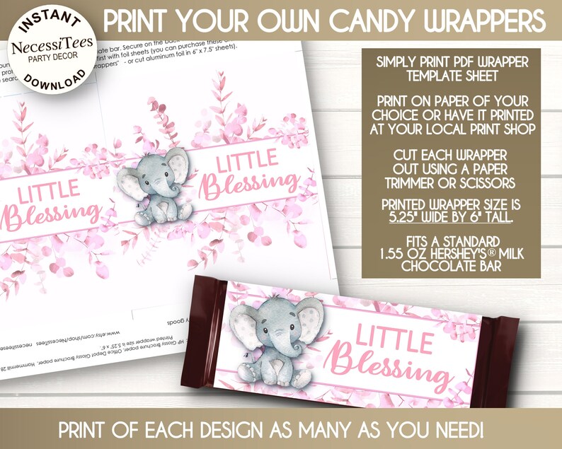 PRINTABLE Baby Shower Candy Bar Wrapper Templates Pink Colors Baby Elephant Eucalyptus 3 PDFs NON Editable Instant Download image 2