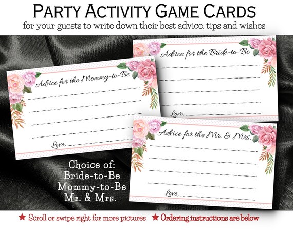 Advice Party Game Cards, Bride to Be, Mommy to Be, Mr. & Mrs, Shower, Wedding, Engagement Party, Pink Flowers, Roses, Peach, Mauve, Florals Il_570xn