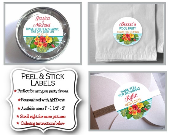 1", 1.5" or 2" Stickers, Favor Labels, Hawaiian, Tropical, Hibiscus Flowers, Luau, Pool Party, Summer, Baby or Bridal Shower, Beach Wedding Il_570xn