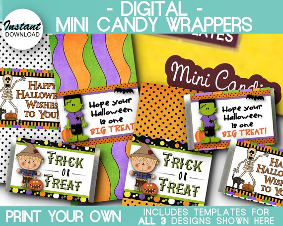 DIGITAL Mini Candy Wrapper Templates, For Party Favors, Halloween, Frankenstein, Skeleton, Scarecrow, PDFs, Instant Download Il_570xn