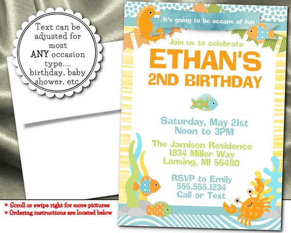 Party Invitations, Birthday, Baby Shower, Under the Ocean, Sea Creatures, Fish, Crab, Seahorse, Aqua, Yellow, Green, Digital or Printed Il_570xn