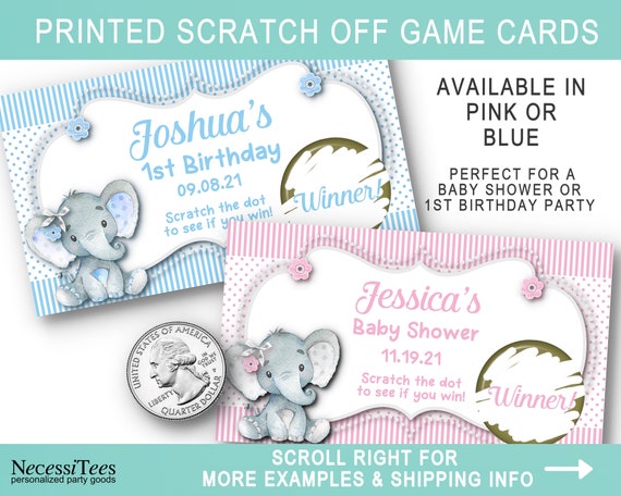 PRINTED Party Scratch Off Cards, Baby Shower Game Cards, Birthday Party Activity, Baby Elephants, Pink, Blue, Stripes & Polka Dots Il_570xn