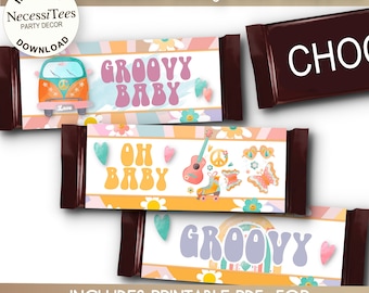 PRINTABLE | Baby Shower | Candy Bar Wrapper Templates | Groovy Baby Shower - 70's Theme | 3 PDFs | NON Editable | Instant Download