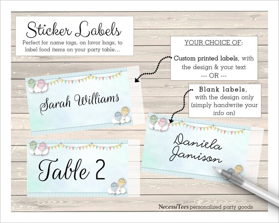 Stickers, Labels, Name Badge, Food or Candy Buffet Labels, Pastel Hot Air Balloons, Clouds, Bridal Shower, Baby Shower, Wedding, Birthday Il_570xn