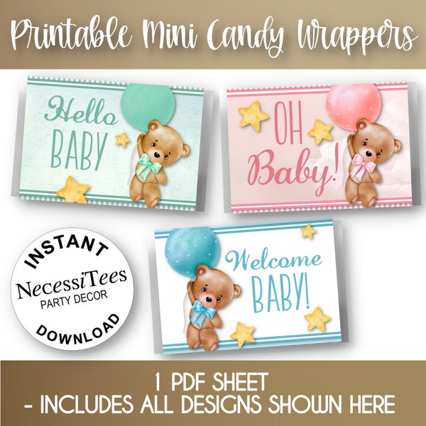 PRINTABLE | Baby Shower | Mini Candy Wrapper Templates | Bear with Balloons |  Pink, Blue, Green  | PDF | NON Editable | Instant Download