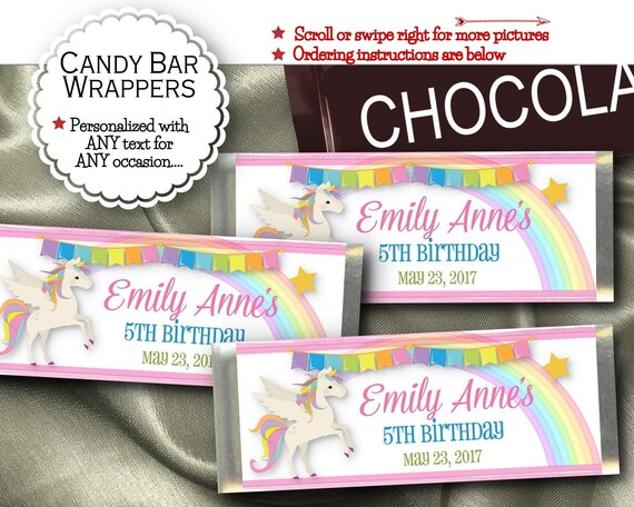 Candy Bar Wrappers, Party Favors, Unicorn, Pony, Rainbow, Pastel Colors, Pink Stripes, Baby Shower, Birthday Party Il_570xn