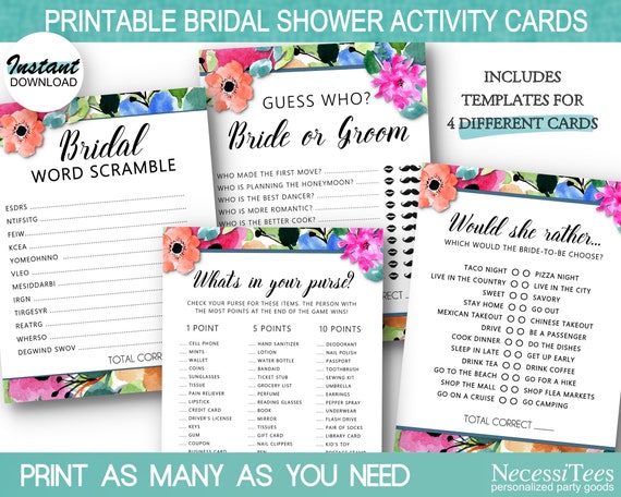DIGITAL Bridal Shower Party Games, 4 Bridal Shower Party Activity Cards, Floral Theme, Blue, Pink & Warm Peach Colors Il_570xn