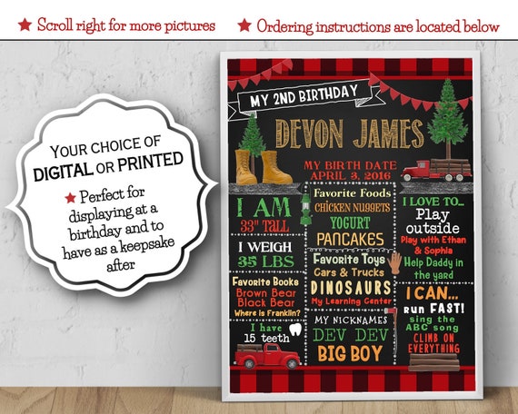 Birthday Poster, 8x10, 11x14, 16x20,18x24, Lumberjack, Red & Black Buffalo Plaid Flannel, Logging Truck, Chalkboard Look, For ANY Age Il_570xn