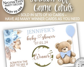 PRINTED Scratch Off Cards | Set of 10 Cards | Party Games | Shower Game | Baby Bear with A Blue Balloon & Roses | Baby Shower or Birthday
