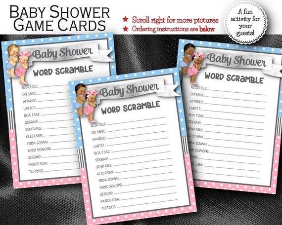 Baby Shower Word Scramble Cards, Activity Party Game Cards, Pink Hair Bows, Blue Bow Ties, African American, Caucasian, Hispanic Il_570xn