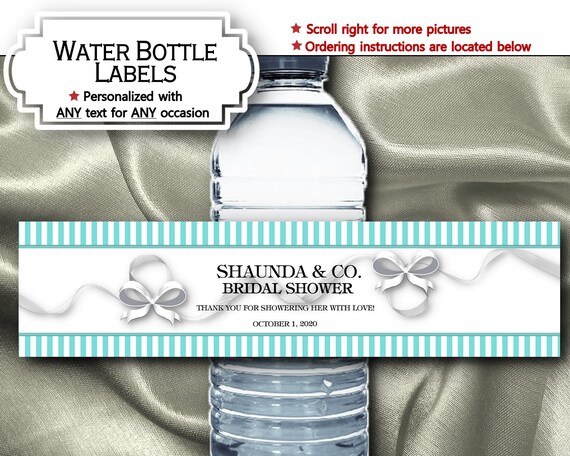 Water Bottle Labels, Waterproof, Peel & Stick, Teal, Aqua Blue, White Bows and Ribbons, Stripes, Bridal or Baby Shower, Wedding, Birthday Il_570xn