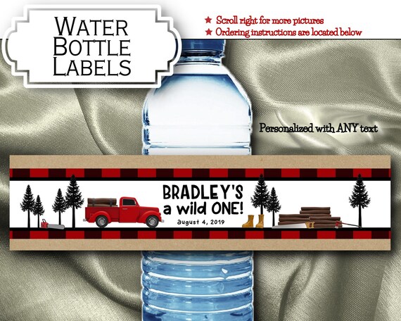 Waterproof Peel & Stick Water Bottle Labels, Birthday, Baby Shower, Lumberjack, Red, Black Buffalo Check Plaid Flannel, Logging Truck, Trees Il_570xn