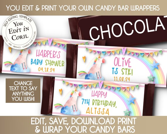 EDITABLE Printable Candy Bar Wrappers Unicorn &amp; Rainbow - Etsy