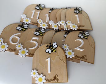May include: Wooden milestone markers with white numbers and the words "month" and "year". Each marker features a bee and daisy accents. The markers are designed to track a baby's growth from 1 month to 1 year.