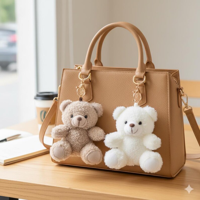 May include: A tan handbag with a top handle and a shoulder strap. Two teddy bear keychains, one light brown and one white, hang from the bag's hardware. The bag is sitting on a wooden surface.