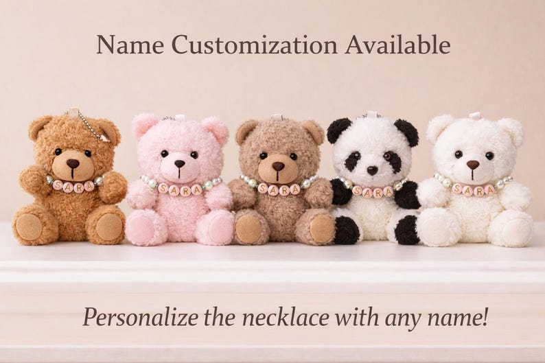 Mini Teddy Bear Keychain and Panda Keychain with Handmade Necklace: Soft Plush Bag Charm image 1