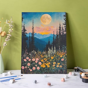 Moonlight Mountain Landscape Paint by Numbers Kit, Flowers under the Moon 24C DIY Acrylic Painting Wall Art, Handmade Gift, Easy to Start