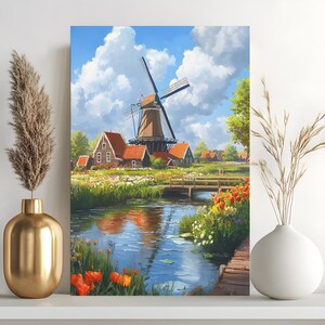 Windmühle Tulpe Malen nach Zahlen Kit, Bauernhaus Landschaft 24 Farben DIY Acrylmalerei Wohnkultur, handgemachtes Geschenk, freundlich für Anfänger