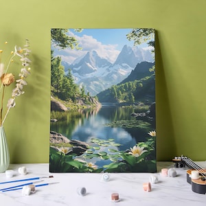 Natural Landscape Paint by Numbers Kit for Adults, Green Mountain 24 Colors DIY Acrylic Painting Home Decor, Beginner Friendly