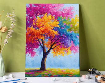Kit de peinture par numéros d'arbre coloré : peinture par numéros de 24 couleurs, art sur toile sur le thème de la nature, adapté aux débutants