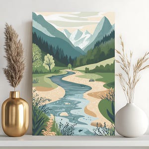 Spring Green Valley Malen nach Zahlen Kit, gewundener Fluss, 24 Farben Vintage Stil Malerei, Handgemachte Wandkunst, einfach für Anfänger, Geschenk für Sie