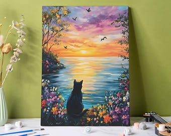 Black Cat Paint by Numbers Kit: Sunset Landscape, Floral Wall Art