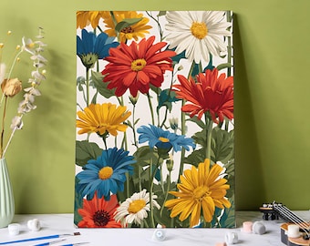 Könnte beinhalten: Ein lebendiges Blumenbild mit bunten Gerbera-Gänseblümchen in Rot-, Gelb-, Blau- und Weißtönen vor einem cremefarbenen Hintergrund. Das Kunstwerk zeigt eine Vielzahl von Blüten und grünen Blättern und schafft eine lebendige und fröhliche Komposition.