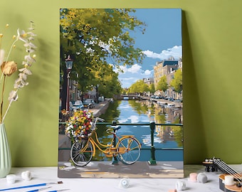 Amsterdam Canal Bike Paint by Number Kit: Gör-det-själv stadslandskap akrylmålning på duk