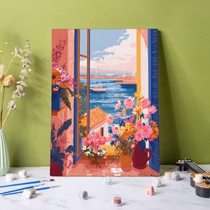 Kit de pintura por números de paisaje marino con ventana de flores, arte acrílico DIY