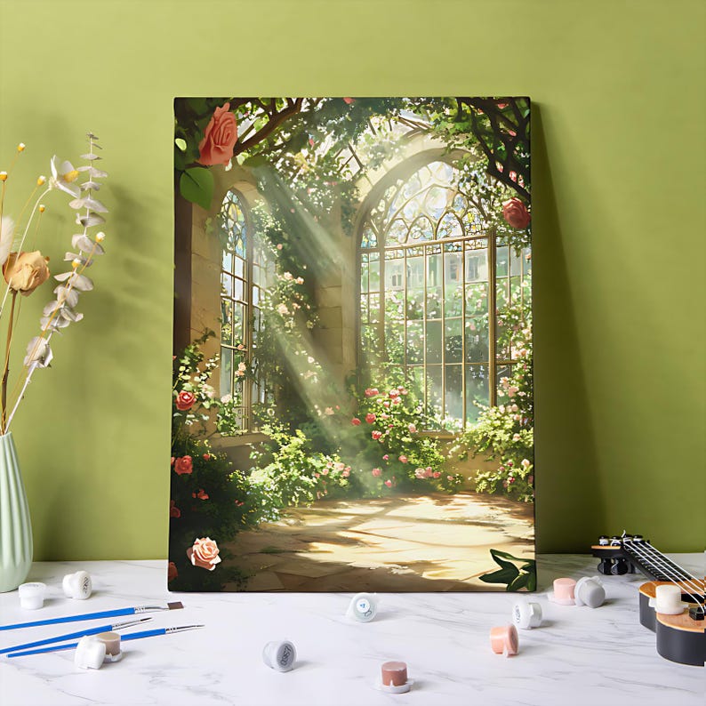 Sonnenlicht Gewächshaus Malen nach Zahlen Kit: Rosen DIY Acrylbild auf Leinwand Bild 1
