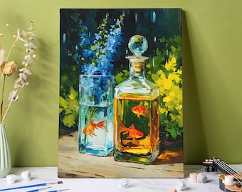 Goldfish Still Life Paint by Numbers, Impressionist Fish & Flowers DIY Kit, Goldfish Paint on Canvas Gift Wall Decor Unique DIY Craft Kit