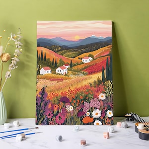 Kit de peinture par numéro de champ de fleurs de coucher de soleil : art mural de ferme à faire soi-même