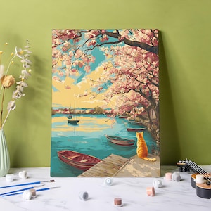 Cat in the Harbor Paint by Numbers Kit: Blooming Flowers DIY Arcylic Painting Wall Art
