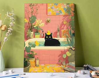 Cat Bath Paint by Number Kit: DIY Acrylic Canvas Art
