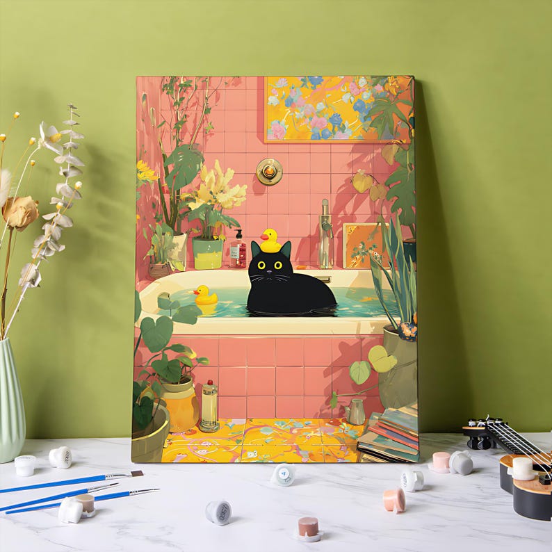 May include: A whimsical painting depicts a black cat relaxing in a bathtub filled with water. The cat wears a yellow rubber ducky on its head. The bathroom is decorated with plants and a yellow and pink color scheme. The painting is a fun and unique piece of art.