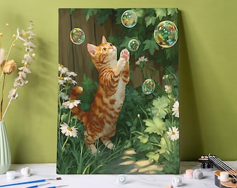 Chasing Bubbles Paint by Numbers Kit, Cute Cat DIY Painting, Kitchen Wall Art Decor, 24 Colors Paint By Number Gift, Kitten Canvas Art