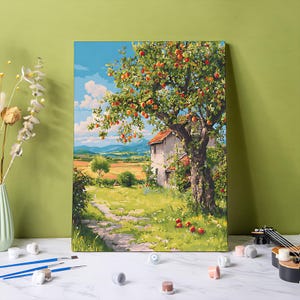 Apple Tree Grange Paint by Number Kit: DIY Paint By Numbers Gift, Acrylic Painting Canvas Art, Farmhouse Canvas Painting, Canvas Wall Decor