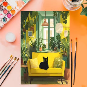 May include: Illustration of a yellow sofa with a black cat, surrounded by plants in a room with a window. The artwork has a vibrant color palette, with paintbrushes and a paint palette in the foreground.