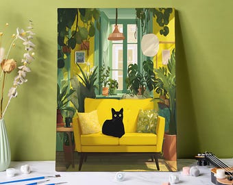 Black Cat on Yellow Couch Paint by Numbers Kit on Canvas