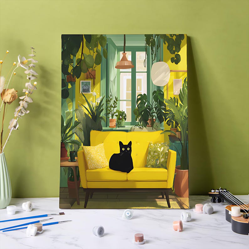 May include: A painting of a yellow sofa with a black cat sitting on it, surrounded by lush green plants. The background features a window with natural light and a warm, inviting interior scene. The artwork has a modern, illustrative style.