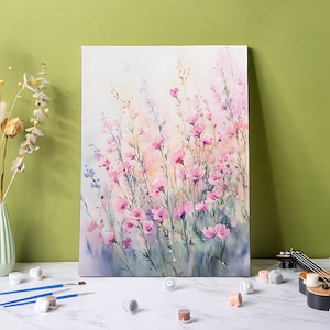 Pink Field Paint by Numbers Kit for Adults, Spring Watercolor Style Painting 24 Colors DIY Acrylic Painting Home Decor, Beginner Friendly