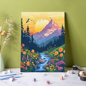 Mountain Sunset Paint by Numbers Kit: DIY Floral Landscape Art