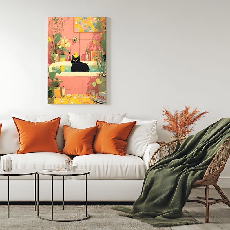 May include: A canvas print depicts a black cat relaxing in a bathtub. The bathroom is decorated with pink tiles, plants, and a yellow rubber duck. The artwork has a whimsical, illustrative style, with a vibrant color palette.