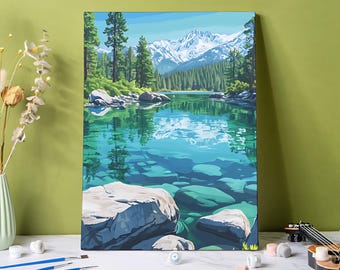 Lake Paint by Numbers Kit: Mountain Home Decor DIY Acrylic Painting