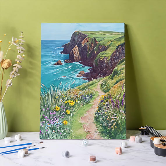 Seaside Path Paint by Numbers Kit: DIY Acrylic Landscape Painting, Canvas Wall Art