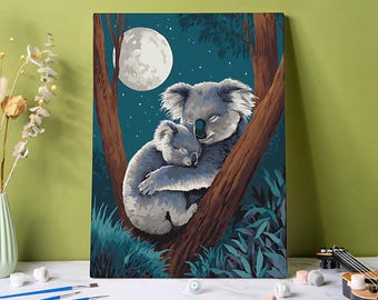 Malen-nach-Zahlen-Set „Koala-Familie“, Koala-Mama und Baby umarmen sich – DIY-Malen-nach-Zahlen-Set auf Leinwand, Mondscheinwald-Motiv, Geschenk für Mama