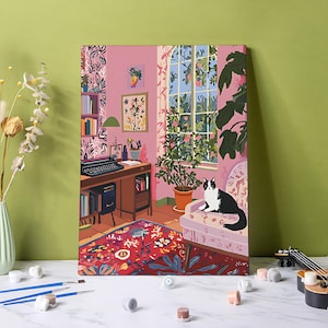 Kit de peinture à numéro de chat : toile d&#39;art DIY 24 couleurs, décoration murale pour la maison